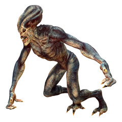 3D Rendering Blue Alien on White