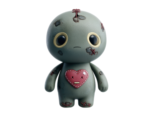 A sad grey stitched-up zombie toy with large glossy eyes and a patched pink heart on its chest.