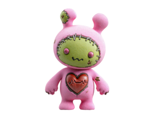 Pink stitched bunny monster toy with a green patched face and a red EKG heart.