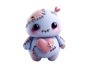 Cute blue stitched monster toy with pink patches bunny ears and a patched heart.