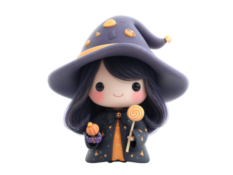 Adorable chibi witch girl in a starry cloak and pointy hat holding a pumpkin and a lollipop.
