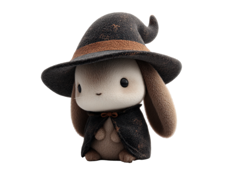 Adorable fluffy bunny character wearing a textured black witch hat and matching cape.