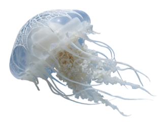 A stunningly detailed iridescent jellyfish with a unique lattice-patterned bell and flowing tentacles.