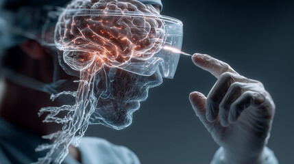 A futuristic surgical interface showing a surgeon manipulating a holographic 3D model of a human brain.