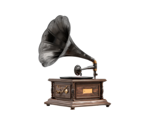 Ornate vintage gramophone with a dark wood base and an embossed metallic horn.