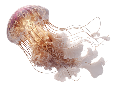 A beautiful glowing jellyfish with a translucent purple bell ruffled oral arms and delicate tentacles.
