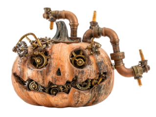 Steampunk Jack-o-Lantern with intricate mechanical gears cogs and copper pipes.