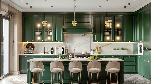 Artistic luxury kitchen with emerald green cabinets, creamy marble counters, brushed gold fixtures, and recessed smart lighting, magazine-style layout.