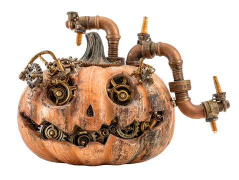 Steampunk Jack-o-Lantern with intricate mechanical gears cogs and copper pipes.