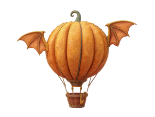 A whimsical hot air balloon shaped like a carved pumpkin with bat wings and a wicker basket.