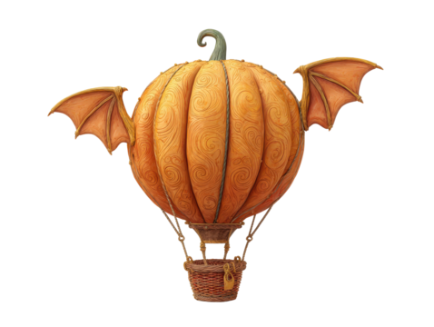 A whimsical hot air balloon shaped like a carved pumpkin with bat wings and a wicker basket.