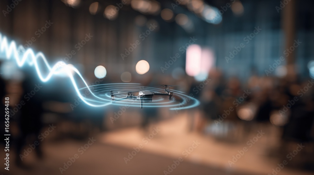 Poster Medium shot capturing a drone releasing dynamic wifi signals highlighted clearly against a softly blurred conference setting symbolizing realtime 5G streaming support for virtual
