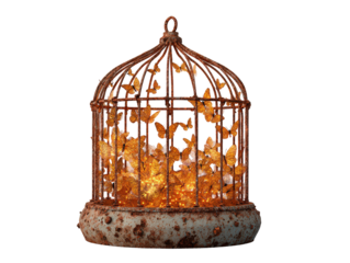 Weathered rusty birdcage filled with a swarm of glowing golden butterflies and warm lights.