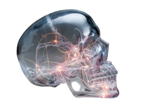 Futuristic transparent skull with a glowing intricate network of neural pathways.