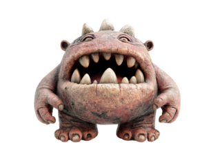 Chubby pinkish-brown monster with a massive open mouth large pointed teeth and small horns on its head.