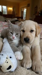 A cat and a dog laying on a bed with a stuffed animal