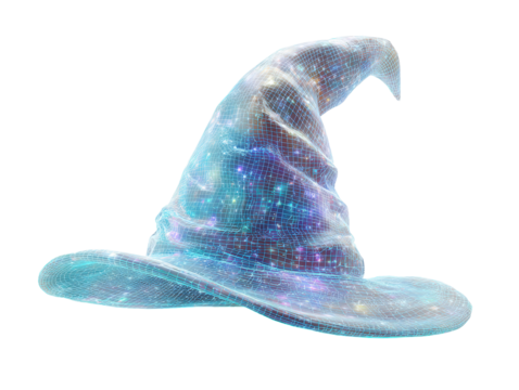 A glowing cyan wireframe wizard hat filled with a sparkling cosmic nebula.
