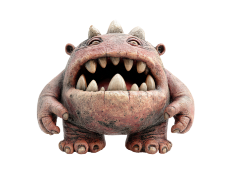 Chubby pinkish-brown monster with a massive open mouth large pointed teeth and small horns on its head.
