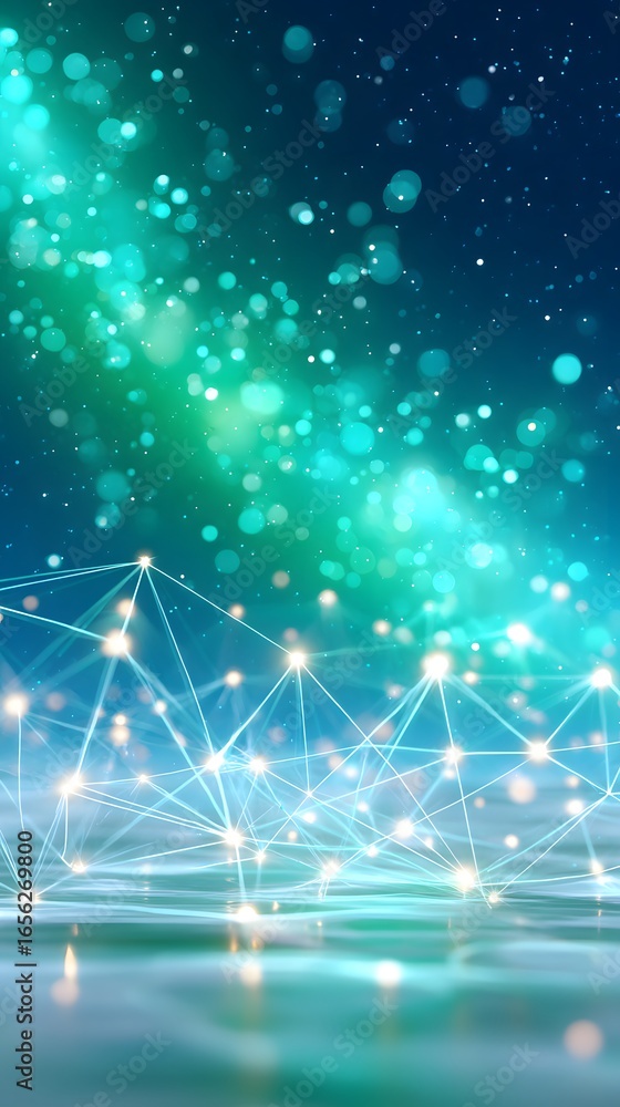 Poster a vibrant, abstract scene featuring a network of glowing connections against a backdrop of swirling 