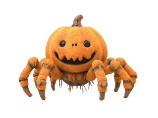 A whimsical smiling Jack-o-lantern spider hybrid with a textured orange body and eight jointed legs.