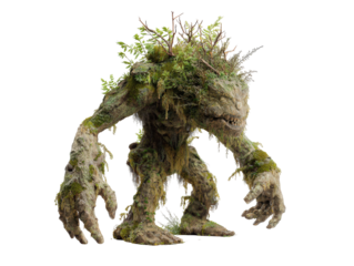 Menacing forest elemental a humanoid creature made of moss bark and roots with sharp teeth.
