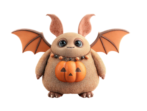 A friendly furry monster with bat wings big eyes and a jack-o-lantern on its chest.