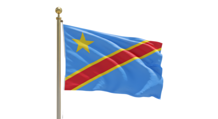 Flag of Democratic Republic of Congo waving on flagpole with blue background and red diagonal stripe with yellow border, perfect for cultural and political themes