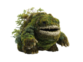 A whimsical moss-covered creature with small trees on its back and a wide rocky mouth.