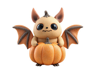 Adorable Halloween bat creature with a unique crackled texture holding a large orange pumpkin.