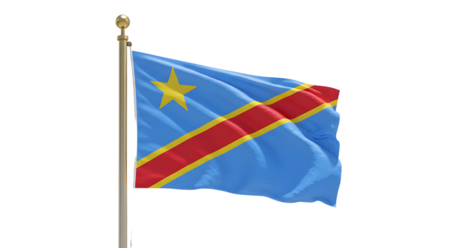 Flag of Democratic Republic of Congo waving on flagpole with blue background and red diagonal stripe with yellow border, perfect for cultural and political themes