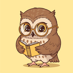 Adorable Cartoon Owl with Glasses Reading a Book - Symbol of Wisdom and Education