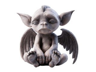 Detailed stone statue of a sad sitting baby gargoyle with large ears and dark wings.