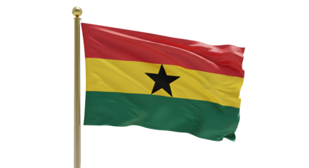 Flag of Ghana waving on flagpole with realistic fabric texture isolated on white, symbol of West African country, perfect for cultural and national celebrations