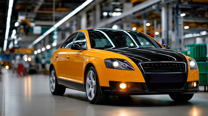 Modern car manufacturing robot assembly line with red vehicle in high-tech factory, showcasing automated production and innovation
