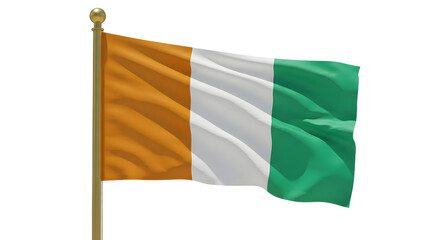 Flag of Ivory Coast waving on a pole isolated on white background, national symbol of C?te d'Ivoire for patriotic events