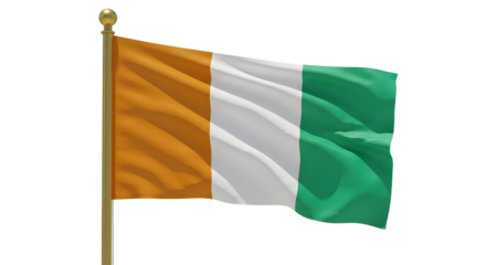 Flag of Ivory Coast waving on a pole isolated on white background, national symbol of C?te d'Ivoire for patriotic events