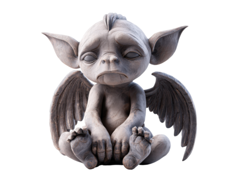 Detailed stone statue of a sad sitting baby gargoyle with large ears and dark wings.