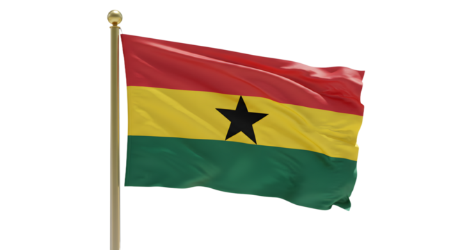 Flag of Ghana waving on flagpole with realistic fabric texture isolated on white, symbol of West African country, perfect for cultural and national celebrations