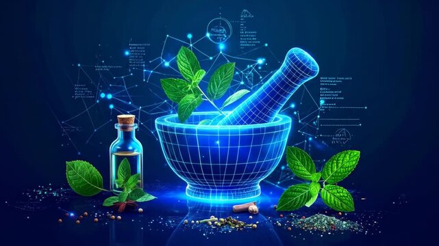 Digital mortar and pestle with herbs and spices