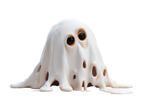 A glossy white melting ghost sculpture with large black eyes and a perforated dripping body.