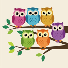 Colorful Cartoon Owls on Tree Branch - Cute Woodland Birds Illustration for Kids and Design