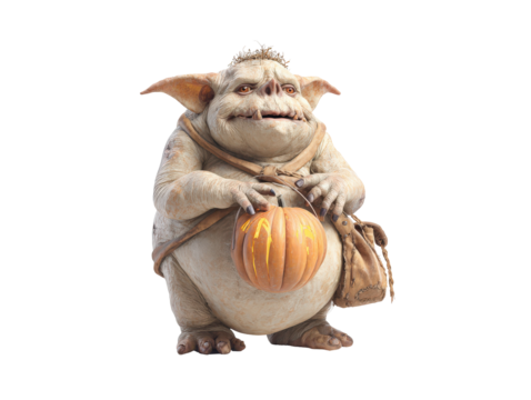 Friendly fantasy troll with a twig crown holding a carved Halloween pumpkin and a leather bag.