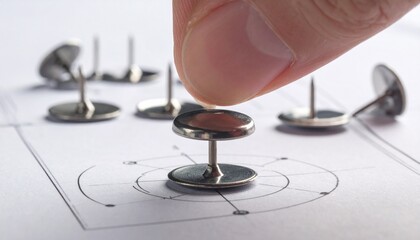 A person's fingers carefully position a shiny silver thumbtack above a technical drawing on white paper, with other pins nearby.