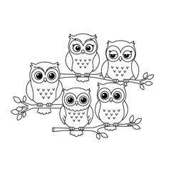 Cute Cartoon Owls on Branches, Black and White Outline Illustration for Coloring Book