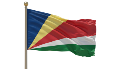 Flag of Seychelles fluttering on pole isolated on white background, national symbol of Seychelles
