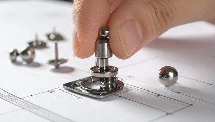 A hand meticulously positions a small, polished metal component on a technical blueprint, surrounded by other parts.
