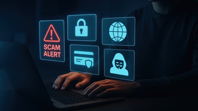 Professional man at desk using laptop with glowing scam alert sign and icons floating, spam alert and fraud alert online security theme