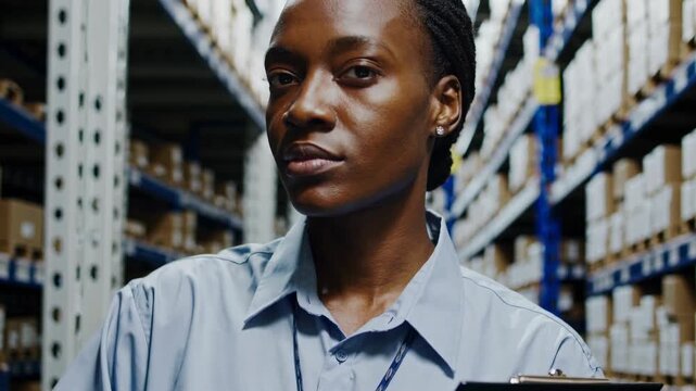 Confident Warehouse Supervisor Standing in an Organized Storage Area with Shelves of Boxes, Holding a Clipboard, Demonstrating Focus and Management Skills