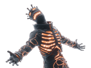 Menacing dark creature with glowing orange cracks exposed ribs and a spiked crown.