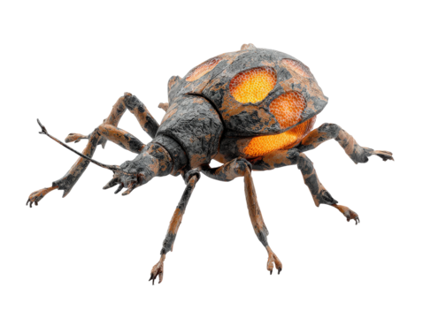 Bioluminescent fantasy beetle with a cracked stone carapace and glowing orange honeycomb patterns.